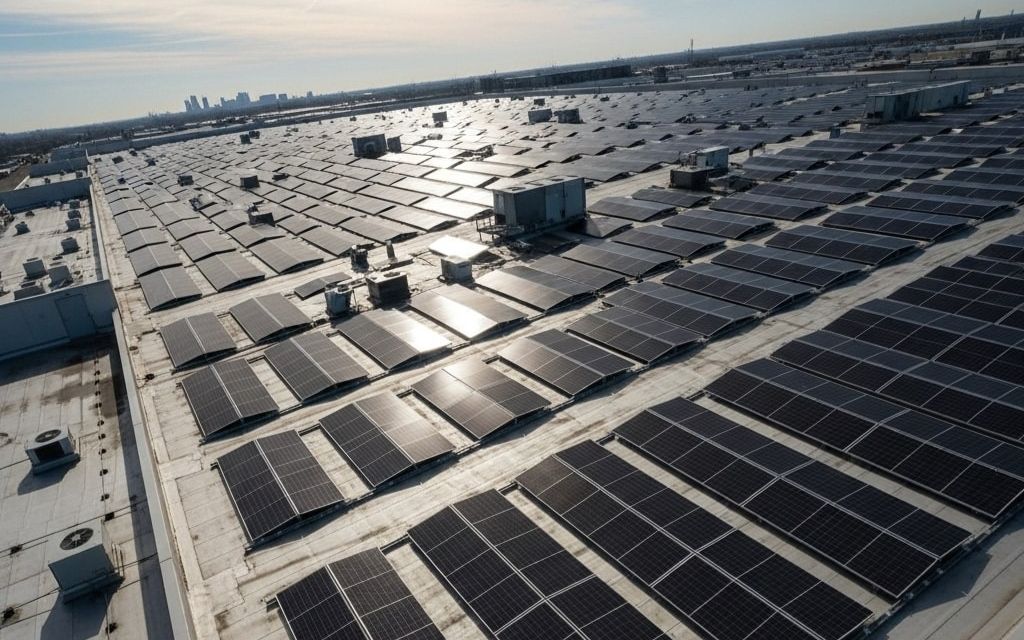 Large rooftop solar panel installation on a commercial building in Syracuse, NY, generating renewable energy under a clear sky.